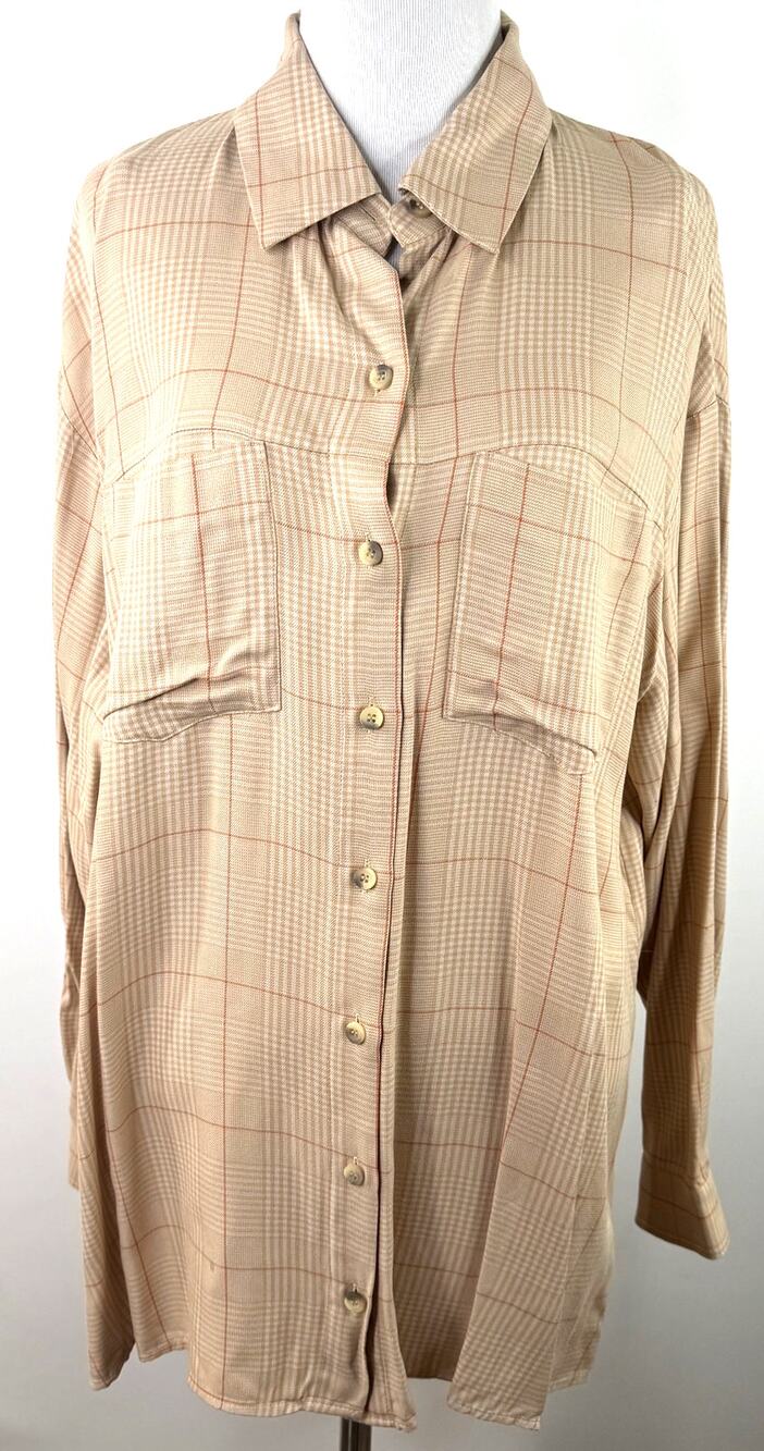 Hollister Women's Tan Ground Check Step Hem Plaid Viscose Shirt NWT Size Large